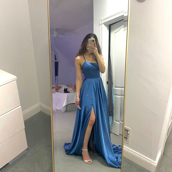 Blue satin long prom dress simple evening dress - Picture 3 of 3